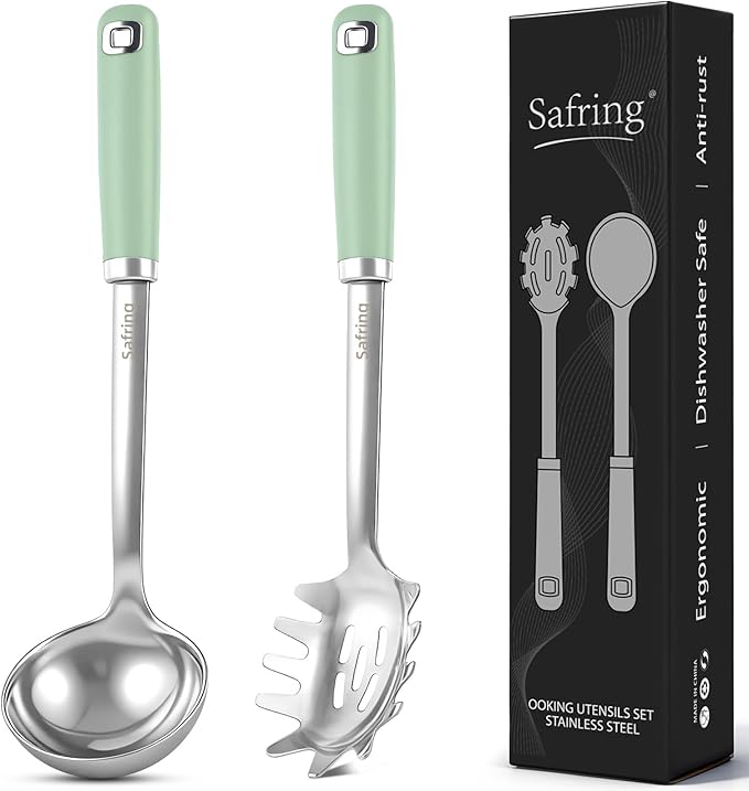 Safring Stainless Steel Soup Ladle and Spaghetti Spoon Set, Heat Resistant Rubber Handle, Dishwasher Safe, Kitchen Utensils for Cooking, Stirring, Serving Pasta, Soup & Sauce (Mint) by Safring