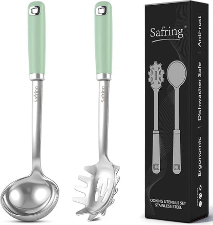 Safring Stainless Steel Soup Ladle and Spaghetti Spoon Set, Heat Resistant Rubber Handle, Dishwasher Safe, Kitchen Utensils for Cooking, Stirring, Serving Pasta, Soup & Sauce (Mint) by Safring