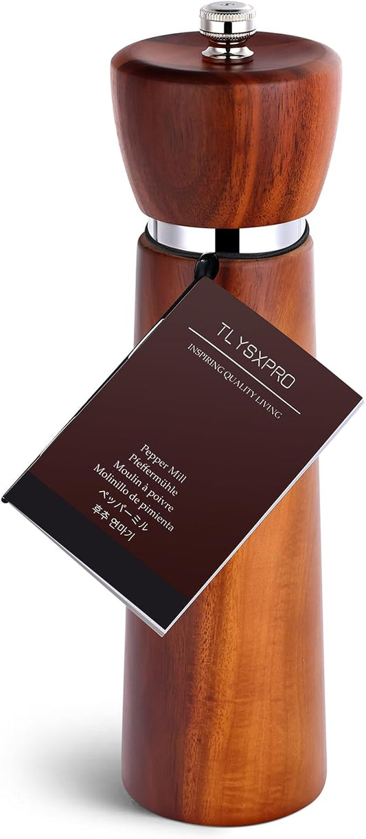 TLYSXPRO Wooden Pepper Grinder – Refillable Pepper Mill with Adjustable Upgraded Large Size Ceramic Burr – Manual Salt Grinder with Acacia Wood Body – 8.3” Tall