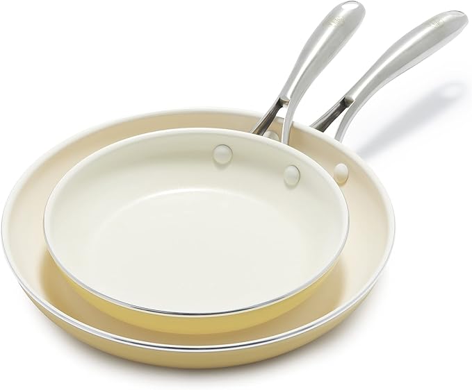 GreenLife Artisan Healthy Ceramic Nonstick, 8" and 10" Frying Pan Skillet Set, Stainless Steel Handle, Induction, PFAS-Free, Dishwasher Safe, Oven Safe, Yellow