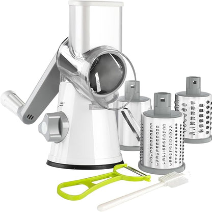 Ourokhome Rotary Cheese Grater Hand Crank, Kitchen Shredder Speed Mandolin Slicer Nuts Grinder with Handle and Drum Blades for Cheese, Vegetable, Walnuts, Chocolate, Potato, Carrot, 3 Blades, White by Ourokhome