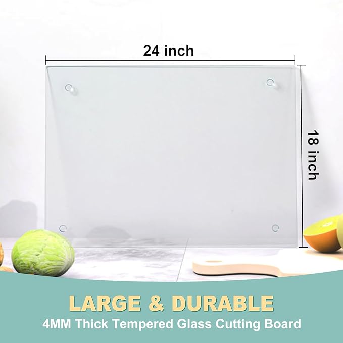 VASUHOME Large Tempered Glass Cutting Board for Kitchen - 18x24 Inch Clear Cutting Board for Countertop - Scratch, Heat, and Shatter Resistant - Easy to Clean and Durable