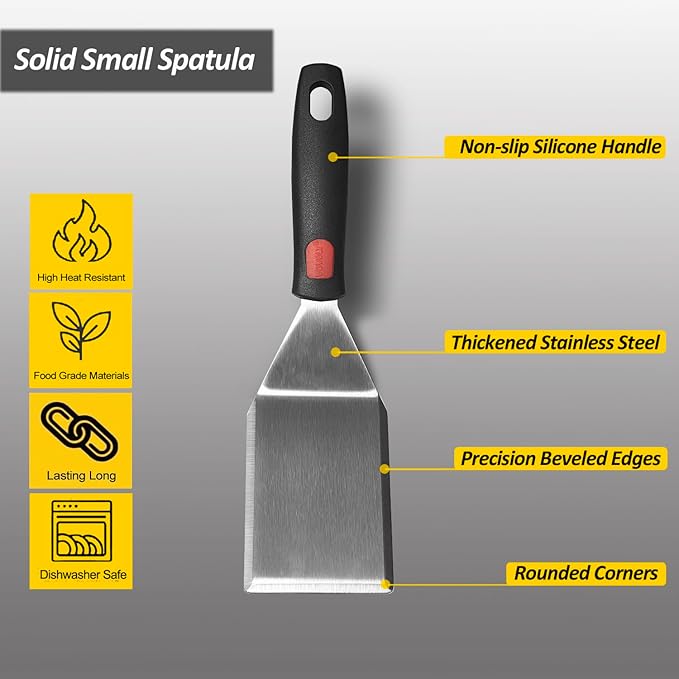Small Spatula for Cast Iron Skillets, Full Tang silicone Handle, Heat Resistant, Commercial Grade Heavy Duty Turner, Press Burger Spatula Turner for Flipper, Cooking, Serving, 2.7" Wide - Image 2