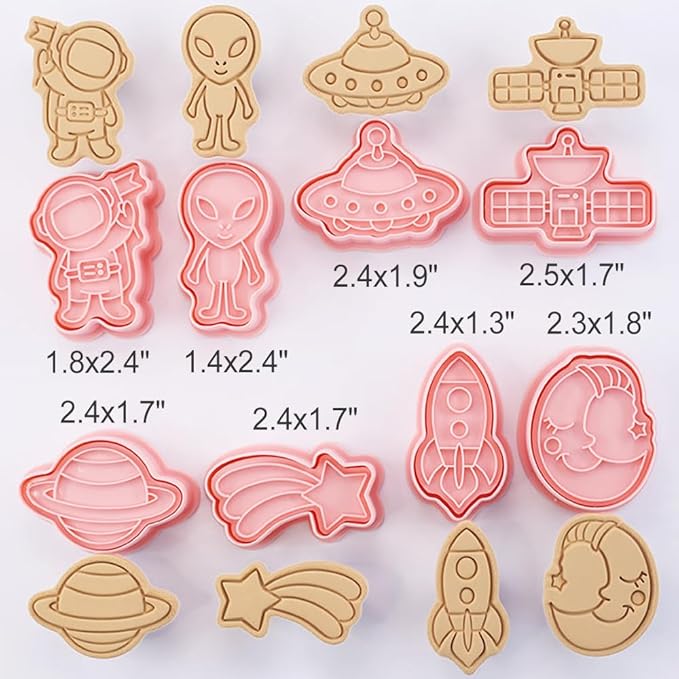 Outer-Space Cookie Cutters Set, 8-PCS 3D Astronaut, Alien, UFO, Satellite, Rocket, Moon, Meteor, Planet Cookie Cutters for Party Baking
