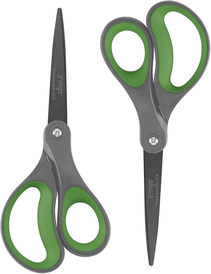 LIVINGO Sharp Scissors All Purpose - 2 Pack 8 Inch Titanium Coated Non Stick Steel Shears Heavy Duty for Office Home School Sewing Crafting Cutting Paper Fabric, Comfortable Grip (Gray & Green) by LIVINGO