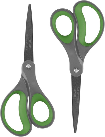 LIVINGO Sharp Scissors All Purpose - 2 Pack 8 Inch Titanium Coated Non Stick Steel Shears Heavy Duty for Office Home School Sewing Crafting Cutting Paper Fabric, Comfortable Grip (Gray & Green) by LIVINGO