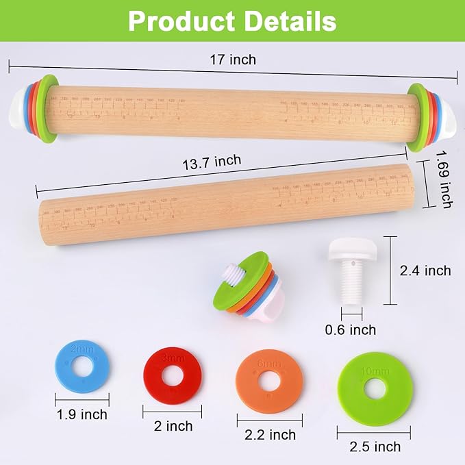Wood Rolling Pin with Thickness Rings, Adjustable Wooden Rolling Pins for Baking, Dough Roller Pins for Cookie Pastry Tools Cake Baker, Fondant Roller for Decorating Bakery Supplies Kitchen Gadgets - Image 2