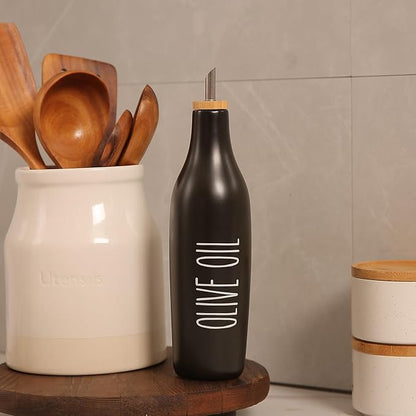 HOMCDALY Ceramic Olive Oil Dispenser for Kitchen, Stoneware 16oz Oil Cruet and Vinegar Bottles Dispenser, Kitchen Dispenser Bottle for EVOO Vinegar Syrups, Modern Farmhouse Design(B-O) - Image 2
