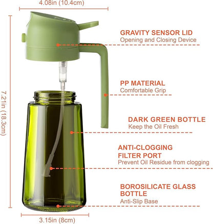 16oz/470ml Glass Olive Oil Sprayer for Cooking - 2 in 1 Olive Oil Dispenser for Kitchen Gadgets, Air Fryer, Salad, and BBQ (Green)