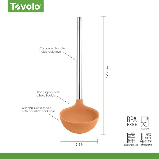 Tovolo Silicone Ladle With Stainless Steel Handle Deep Soup Ladle for Cooking Canning Serving Soup Punch Stew Sauce, Large Kitchen Utensil Spoon Dishwasher Safe BPA Free Silicone Apricot Orange - Image 6