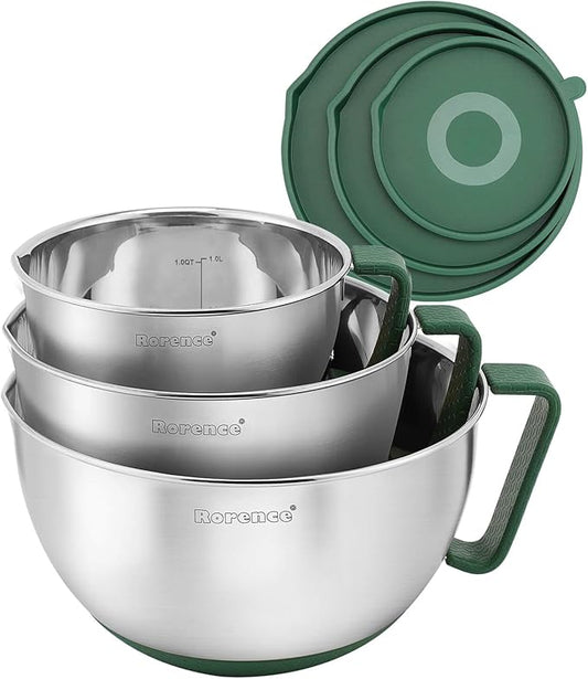 Rorence Mixing Bowls Set: Stainless Steel Non-Slip Bowls with Pour Spout, Handle and Lid - Set of 3 - Green by Rorence