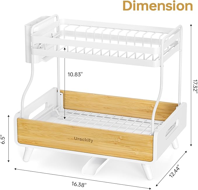 Urackify 2-Tier Dish Drying Rack, Large Stainless Steel & Bamboo Dish Rack for Kitchen Counter, Dish Drainers with Adjustable Automatic Spout, Drying Rack Kitchen with Utensil Holder, White - Image 8