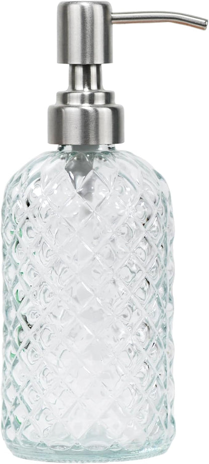 16 oz Diamond Pattern Glass Soap Dispenser, Kitchen and Bathroom Refillable Soap Dispenser with Rust Resistant Stainless Steel Pump for Hand Soap, Lotion Glass Liquid Dispenser (Clear) by SDlumeiy