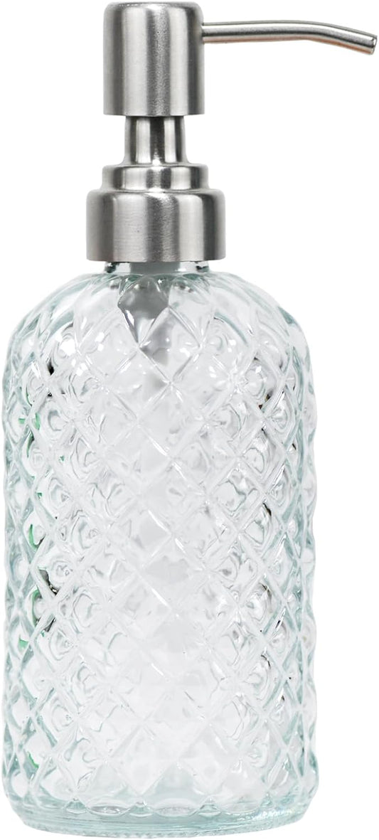 16 oz Diamond Pattern Glass Soap Dispenser, Kitchen and Bathroom Refillable Soap Dispenser with Rust Resistant Stainless Steel Pump for Hand Soap, Lotion Glass Liquid Dispenser (Clear) by SDlumeiy