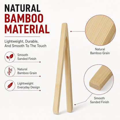 HIC Kitchen Toast Tongs, Natural Bamboo, 6.5-Inches, Set of 6