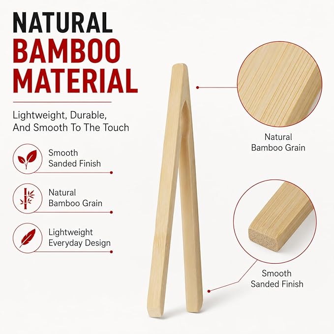 HIC Kitchen Toast Tongs, Natural Bamboo, 6.5-Inches