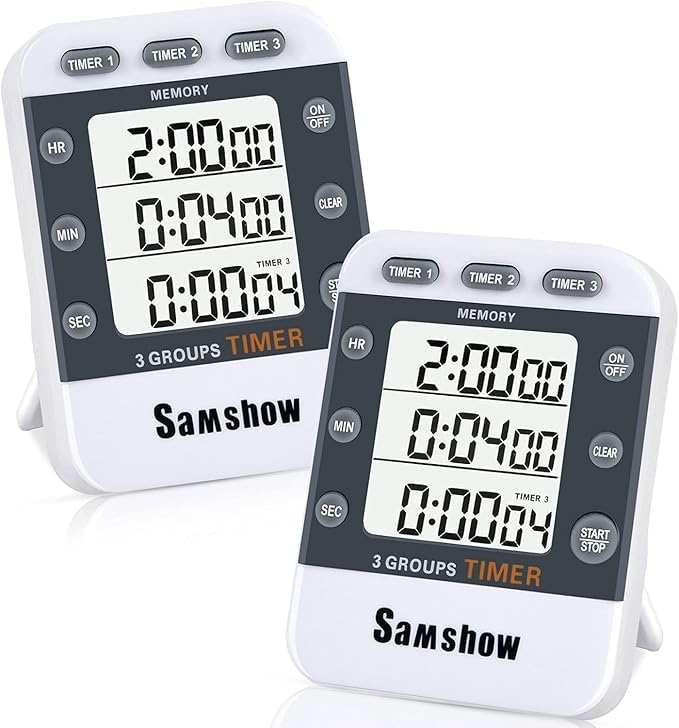 (2 Pack) Digital Kitchen Timers for Cooking Triple Timer Count UP/Down Dual Timer Large LCD Display, Adjustable Volume Loud Alarm, Magnetic Stopwatch, Battery Included White by Samshowmakesyourkitchentechnologicalmodernandadvanced