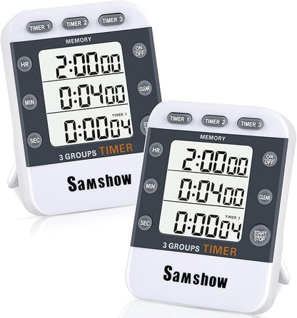 (2 Pack) Digital Kitchen Timers for Cooking Triple Timer Count UP/Down Dual Timer Large LCD Display, Adjustable Volume Loud Alarm, Magnetic Stopwatch, Battery Included White by Samshowmakesyourkitchentechnologicalmodernandadvanced