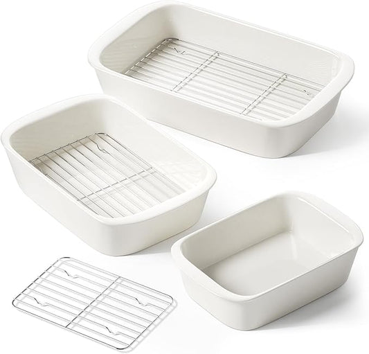 LE TAUCI Deep Casserole Dishes for Oven, 13.7”x9.6” Ceramic Baking Dish Set with Roasting Racks, Large Lasagna Pans with Handles, Rectangular Bakeware as Gift for Mom, White (4.6QT/3.0QT/1.6QT), Set of 3 by LETAUCI