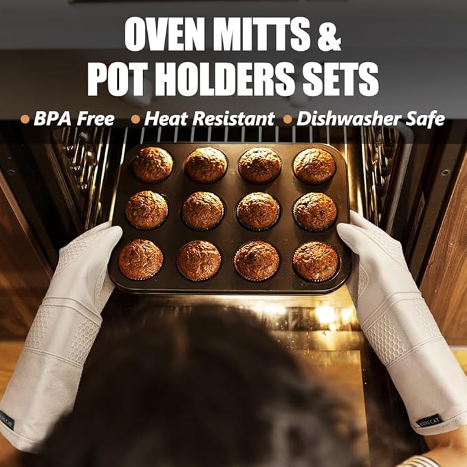 Rorecay Oven Mitts and Pot Holders Sets 6pcs, Extra Long Kitchen Silicone Oven Gloves High Heat Resistant 500 Degrees Non-Slip Potholders Hot Pads for Baking Cooking, Milkshake - Image 2