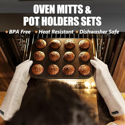 Rorecay Oven Mitts and Pot Holders Sets 6pcs, Extra Long Kitchen Silicone Oven Gloves High Heat Resistant 500 Degrees Non-Slip Potholders Hot Pads for Baking Cooking, Milkshake - Image 2