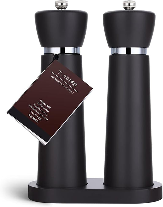 TLYSXPRO Wooden Salt and Pepper Grinder Set – Refillable Salt and Pepper Mill with Adjustable Upgraded Large Size Ceramic Burr – Manual Pepper Grinder with Beech Wood Body – 8.3” Tall (Chocolate Wood)
