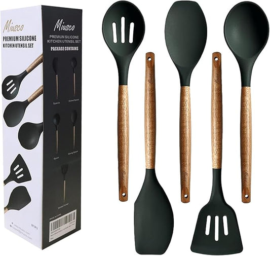 Non-Stick Silicone Cooking Utensils Set with Natural Acacia Hard Wood Handle, 5 Piece, High Heat Resistant (Green) by Miusco
