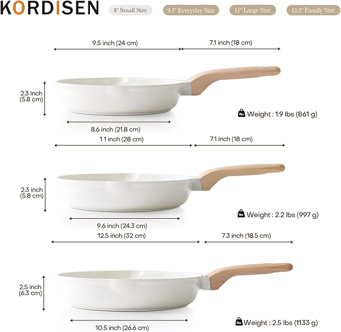 Kordisen Nonstick Ceramic Frying Pan Set, 3 Piece Ceramic Skillet Set, Healthy Non Toxic Cooking Pan, Stay-Cool Handle, Induction Compatible, PFOA & PFAS Free, White(9.5, 11, 12.5 Inch) - Image 7