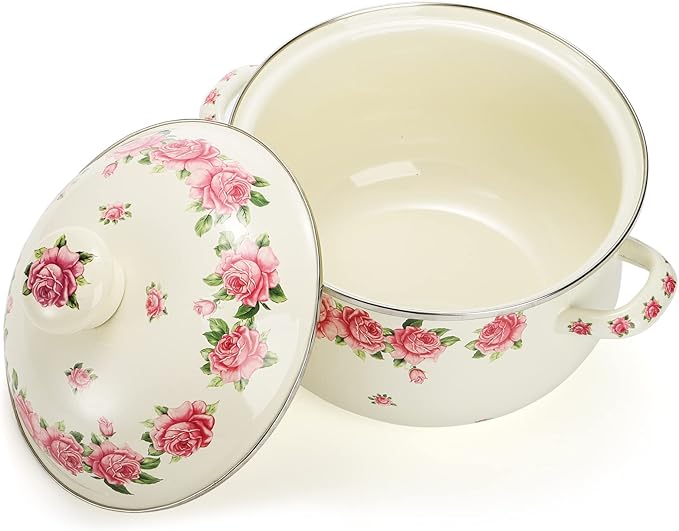 SOUJOY Enamel Stockpot with Lid, 2.8 Quart Retro Cooking Pot, Vintage Floral Stew Bean Simmer Pot with Handle, Kitchen Soup Pot, Safe for Induction Cookers, Gas Stove - Image 4