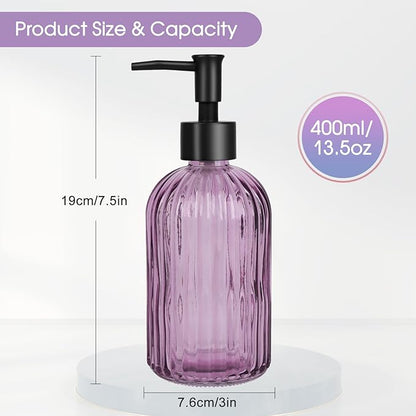 Topsky Stripe Glass Soap Dispenser with Black Plastic Pump, 400ml Liquid Hand Soap Dispenser, Rustproof Pump for Kitchen & Bathroom, Great for Lotions, Essential Oil, Liquid Soaps-Purple - Image 4