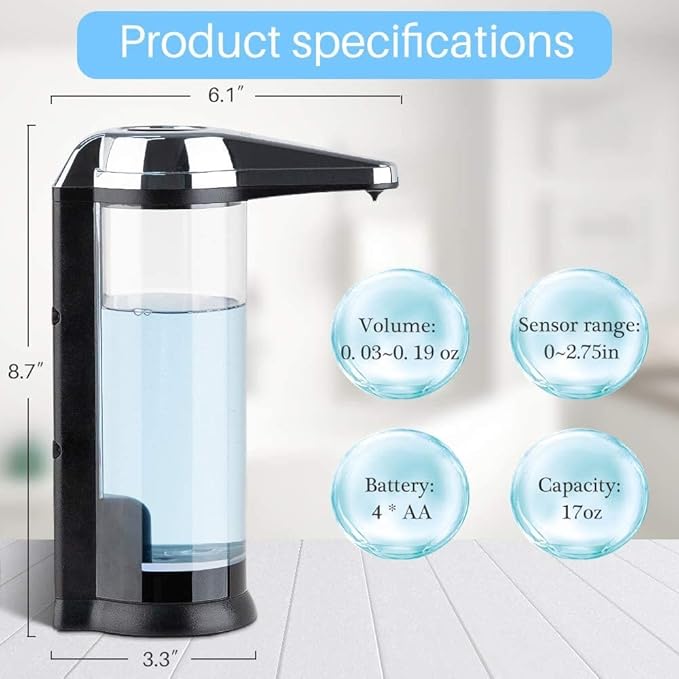 Secura 17oz Automatic Liquid Soap Dispenser, Touchless Battery Operated Hand Soap Dispenser with Adjustable Soap Dispensing Volume Control Dial, Personal Care Dispenser (Chrome-2Pcs) - Image 8