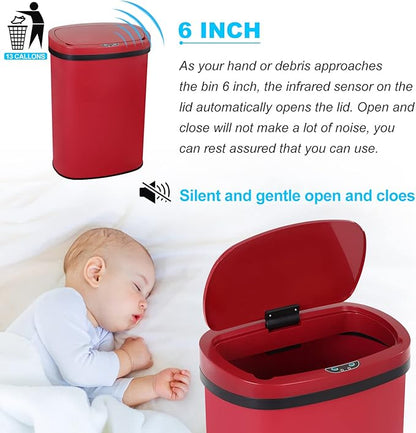 Bigacc 13 Gallon 50L Touch Free Automatic Stainless Steel Trash Can Garbage Can Metal Trash Bin with Lid for Kitchen Living Room Office Bathroom, Electronic Motion Sensor Automatic Trash Can - Red - Image 3