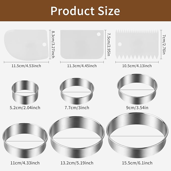 9Pcs Round Cookie Cutter Set - Stainless Steel Biscuit Cutters(2,3,3.5,4,5,6Inch) with 3 Firm Plastic Dough Scrapers – Large Circle Cookie Cutter for Baking Pastry, Donuts, Fondant & Brownies - Image 2