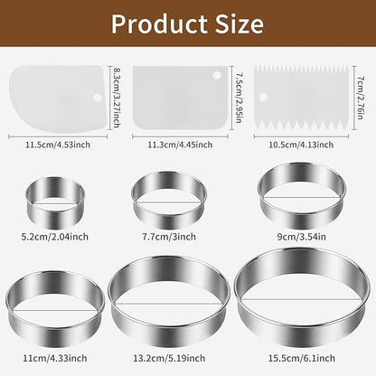 9Pcs Round Cookie Cutter Set - Stainless Steel Biscuit Cutters(2,3,3.5,4,5,6Inch) with 3 Firm Plastic Dough Scrapers – Large Circle Cookie Cutter for Baking Pastry, Donuts, Fondant & Brownies - Image 2