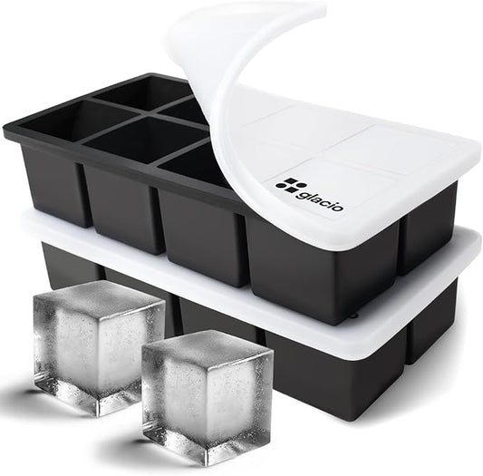 Ice Cube Molds – 2-Pack Silicone Trays for 8 Large Square Cubes – Slow-Melt Ice for Whiskey, Cocktails, Coffee & More by glacio