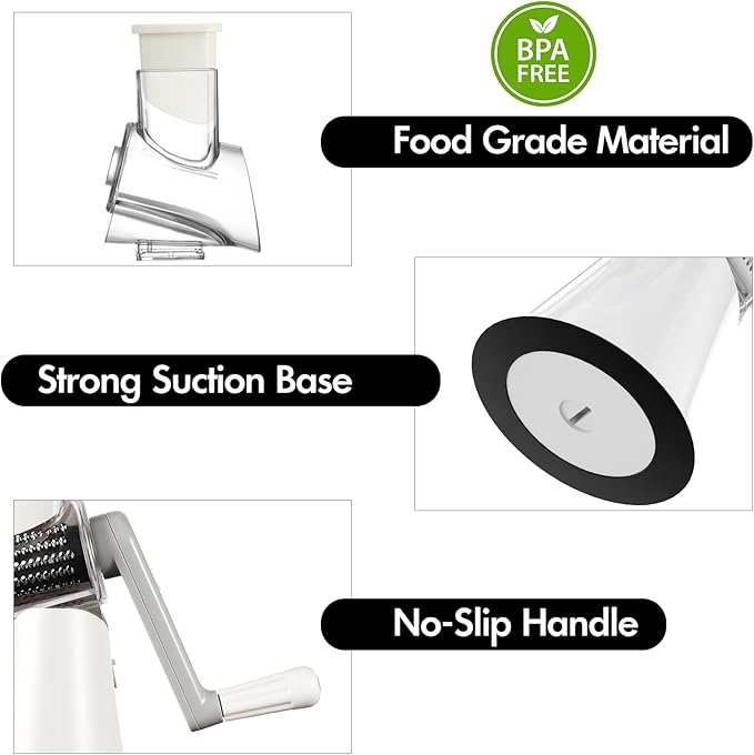 Rotary Cheese Grater with Handle, Kitchen Speed Hand Crank Vegetable Slicer, Potato Hash Brown Shredder Spinning Nut Grinder with 3 Replaceable Stainless Steel Drum Blades (White) - Image 7
