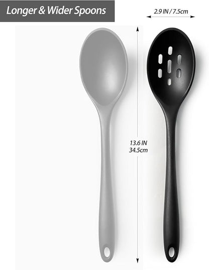 Silicone Slotted Spoons for Cooking - Extra Large Kitchen Spoons for Mixing, Serving, & Stirring - 600°F Heat-Resistant Non Stick Utensils Skimmer- Dishwasher Safe, Slotted, Black