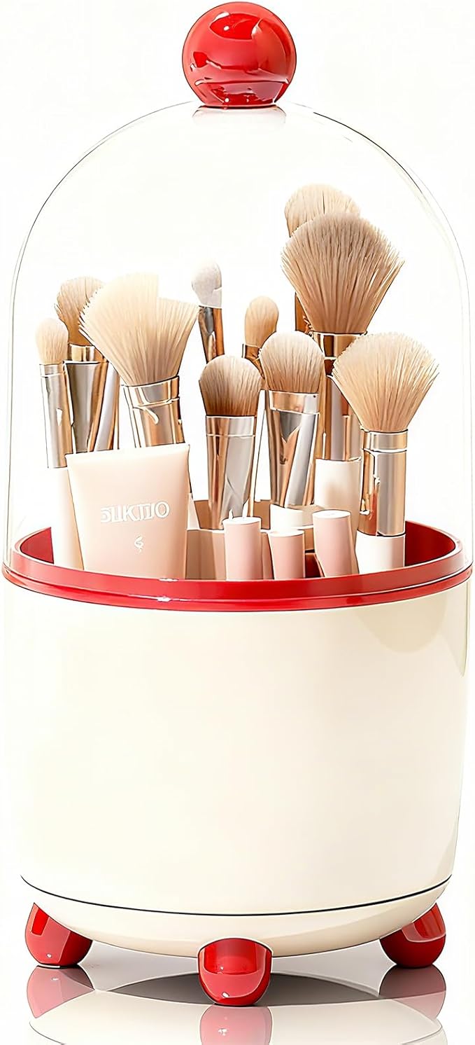Makeup Brush Holder with Lid, Cosmetic Tools Organizer with Cover, 360° Rotating Sliding Opening Dustproof Brushes Container for Vanity, Ideal Gift for Girlfriend Wife Friends (Red)
