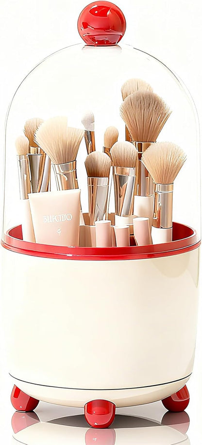 Makeup Brush Holder with Lid, Cosmetic Tools Organizer with Cover, 360° Rotating Sliding Opening Dustproof Brushes Container for Vanity, Ideal Gift for Girlfriend Wife Friends (Red)