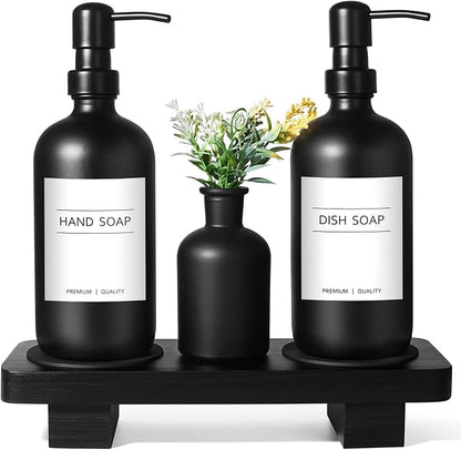 Dish Soap Dispenser for Kitchen, Black Hand Soap Dispenser with Stainless Steel Pump, Kitchen Soap Dispenser Set with Wood Riser Tray, Matte Black Bathroom Soap Dispenser Set Bathroom Decor by ALPIRIRAL
