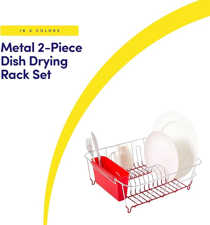 Sweet Home Collection Metal 2 Piece Dish Drying Rack Set Drainer with Utensil Holder Simple Easy to Use Fits in Most Sinks, 14.5" x 13" x 5.25", Red - Image 2