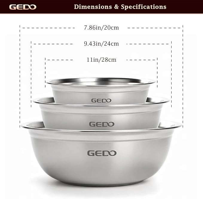 GEDO Stainless Steel 3pcs, 4pcs Mixing Bowls Set, 316L,Grade, Silver, Nesting Design, Professional Kitchen Bowls (7.86/9.43/11 in)