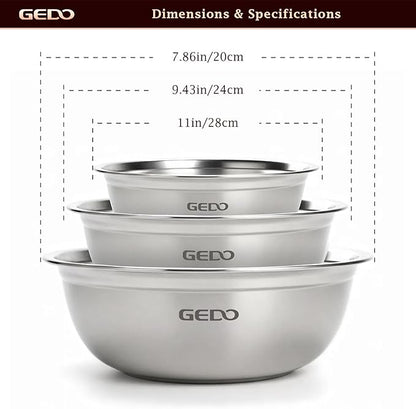 GEDO Stainless Steel 3pcs, 4pcs Mixing Bowls Set, 316L,Grade, Silver, Nesting Design, Professional Kitchen Bowls (7.86/9.43/11 in)