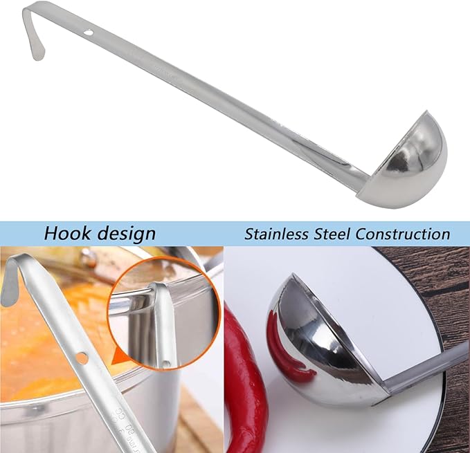3 Pcs 1 oz Stainless Steel Soup Ladle Set, Long Handle Serving Spoons with Hooked Handles, Kitchen Cooking Utensils for Sauce Gravy Stew - Image 4