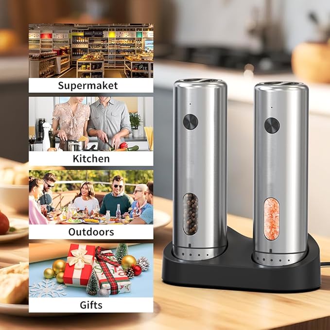 Upgraded Larger 110ml CapacityElectric Salt & Pepper Grinder Set of 2 with LED Light,6 Adjustable Coarseness,Stainless Steel with USB C Charging Dual Rechargeable Base for Women &Men