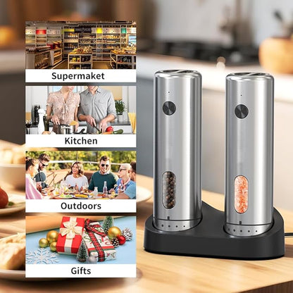 Upgraded Larger 110ml CapacityElectric Salt & Pepper Grinder Set of 2 with LED Light,6 Adjustable Coarseness,Stainless Steel with USB C Charging Dual Rechargeable Base for Women &Men