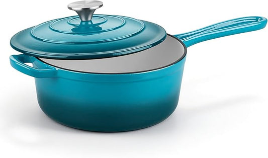 Homikit 3 Quart Saucepan with Lid, Enameled Cast Iron Saucepan for All Cooktops, Heavy Duty Cast Iron Pot for Kitchen Cooking, Boiling, Nonstick & Up to 500°F, Teal Ombre