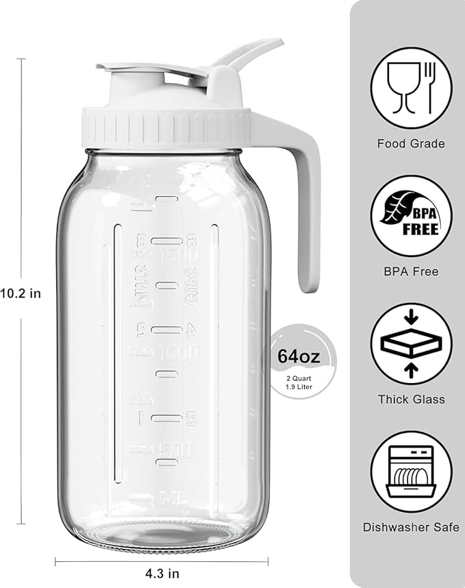 64oz Glass Pitcher, 2 Quart Mason Jar Pitcher with Lid and Spout | Wide Mouth | Airtight | Leakproof | Glass Water Jug for Juice, Sun Iced Tea, Cold Brew Coffee, Milk Storage, White - Image 2