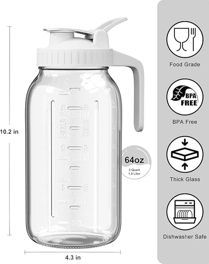 64oz Glass Pitcher, 2 Quart Mason Jar Pitcher with Lid and Spout | Wide Mouth | Airtight | Leakproof | Glass Water Jug for Juice, Sun Iced Tea, Cold Brew Coffee, Milk Storage, White - Image 2