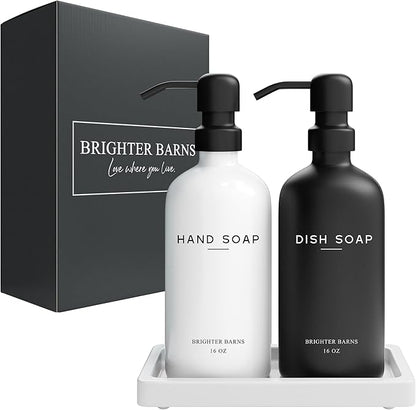 Luxury Glass Hand and Dish Soap Dispenser Set by Brighter Barns - Kitchen Soap Dispenser Set with Tray for Kitchen, Home or Restaurant - Modern Farmhouse Kitchen Decor (Black/White) - Image 8